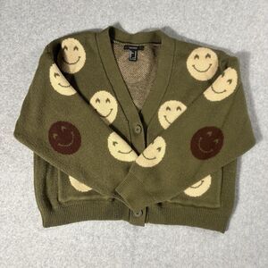 Forever 21 Women's Cozy Fit Cardigan Smiley Face Green Tan Jacquard Knit Size M